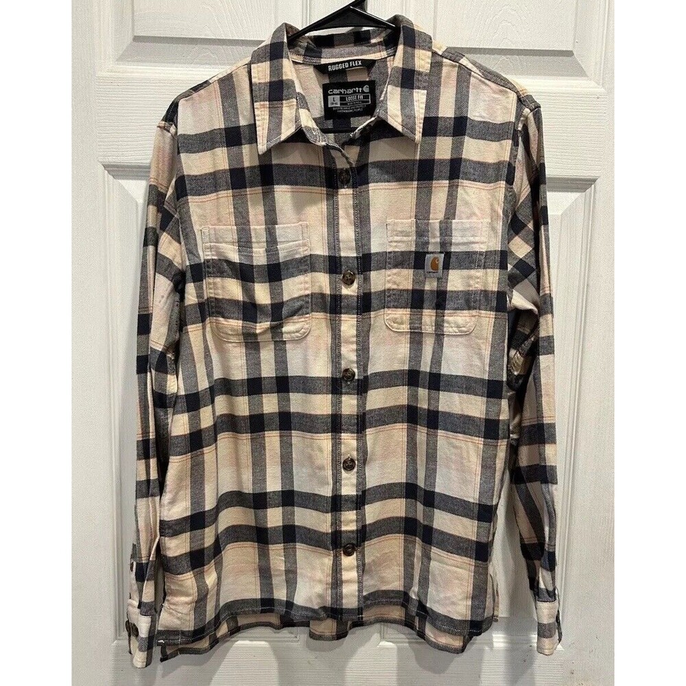 Carhartt Womens L 12 14 Plaid Rugged Flex Loose fit Midweight Flannel Shirt